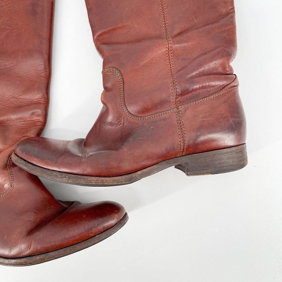 Frye Melissa Button Lug Tall Boots Shoes Sz 8 Cognac Brown Leather Low Heel Fall - Picture 9 of 13